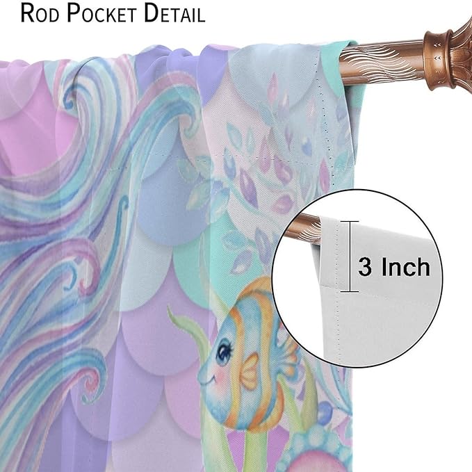 Fantasy Mermaid Curtain Dream Cartoon Marine Organisms Turtle Coral Ocean Theme Dream Blackout Window Treatment for Kids Girls Bedroom Nursery Room Decor Rod Pocket Window Drapes 55x63in