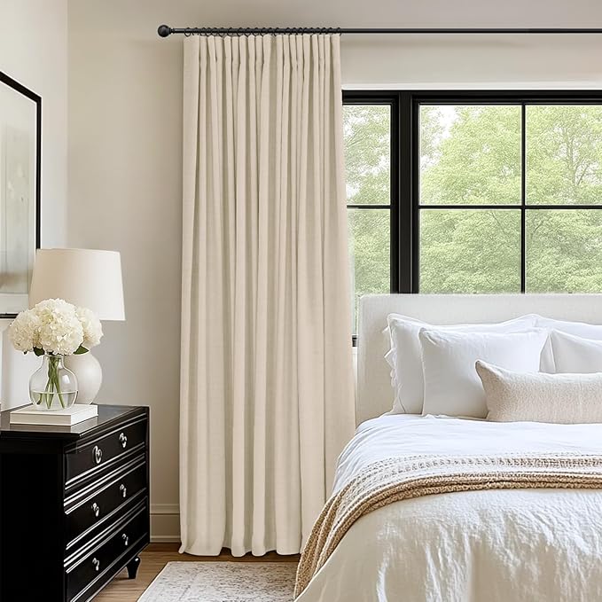 INOVADAY 100% Blackout Curtains for Bedroom, Black Out Curtains 96 Inch Long, Clip Rings Linen Blackout Drapes, Thermal Insulated Room Darkening for Living Room, 1 Panel - Cream,W102xL96