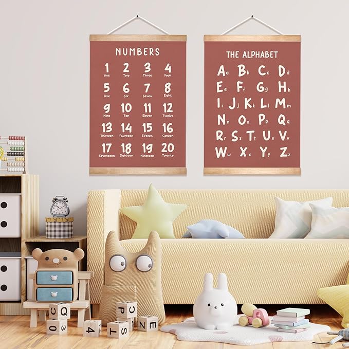 Kids Alphabet and Numbers Educational Chart Set of 2 for Classroom Decor,Colorful Educational Poster for Toddlers 1-3,Toddler Learning Poster for Kids Ages 3-5 for Nursery Playroom,Classroom Must Haves 14x18.5Inch(Brown)