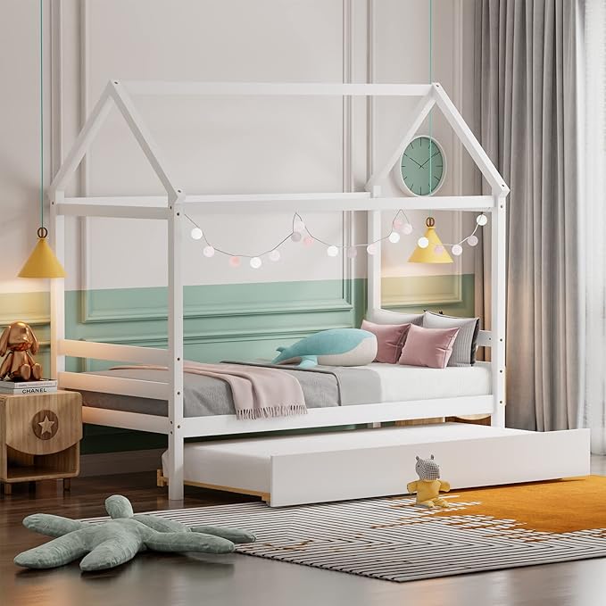 KOMFOTT Twin House Bed with Trundle, Solid Wood Playhouse Platform Bed Frame, Kids Daybed with Roof for Girls & Boys, No Box Spring Needed, Noise-Free Design, Easy Assembly, White