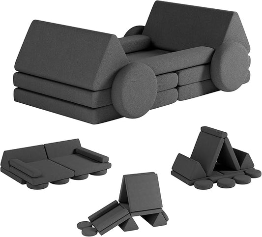 12 PCS Modular Kids Play Block Couch Child Sectional Soft Sofa Toddler Building Fortplay Climbing Bedroom Playroom Baby Convertible Floor Foam Cushion for Boys & Girls (car-Shaped-Dark-Grey)