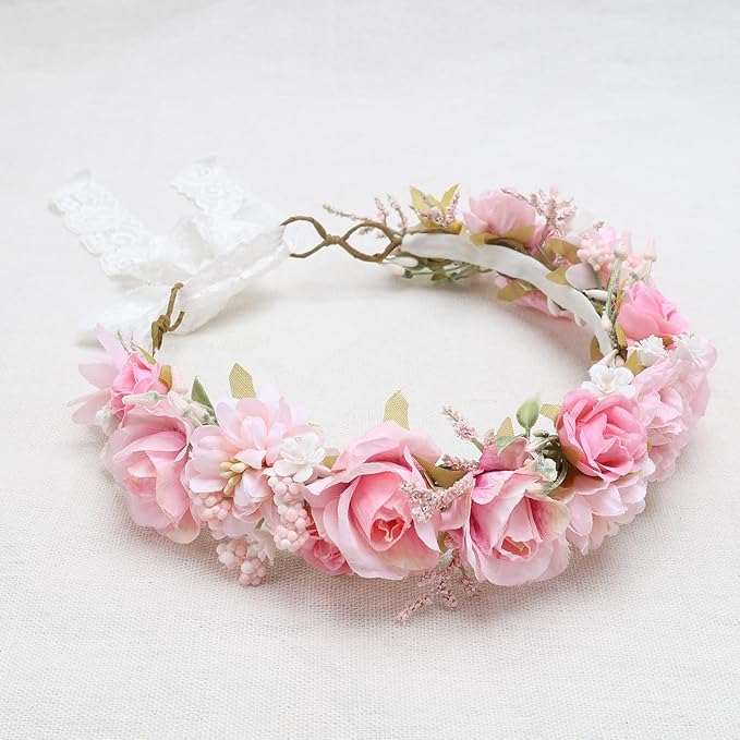 Birthday Party Flower Crown for Girls Children Floral Headpiece Pink Kids Headband Wedding Holo Hair Accessories Photo Prop (Candy Pink)