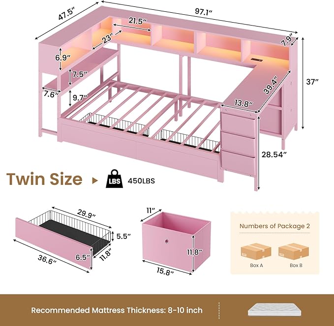 DICTAC Corner Twin Bed Frame with Desk,Charging Station and Bookcase Storage Pink Bed Frame for Girls with Storage Drawers and Led Lights Twin Size Daybed with Open Shelves,No Box Spring Needed
