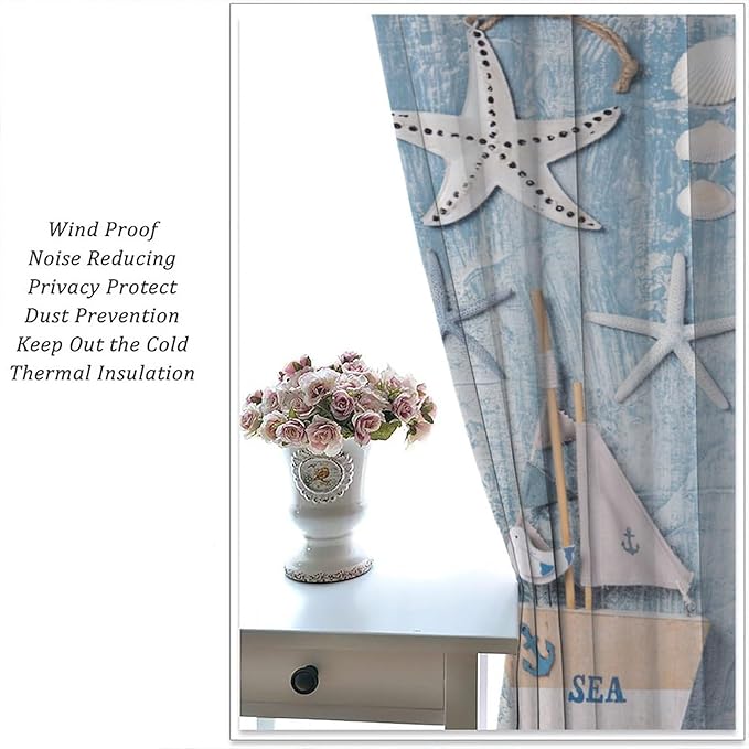 Nautical Curtain,Navy Anchor Sailing Map Starfish Seashells Bedroom Curtain,Waterproof Washable Fabric for Bedroom Decor Set 2 Panels,42x54 Inches