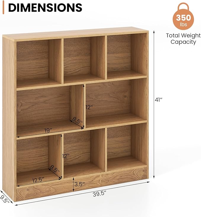 Costzon 8-Cube Bookshelf for Kids, Wooden Toy Storage Organizer w/ 2 Anti-Toppling Kits, 3 Tier Open Shelves & Non-Slip Foot Pads, Montessori Toy Shelf for Kids Rooms, Playroom, Classroom, Nursery