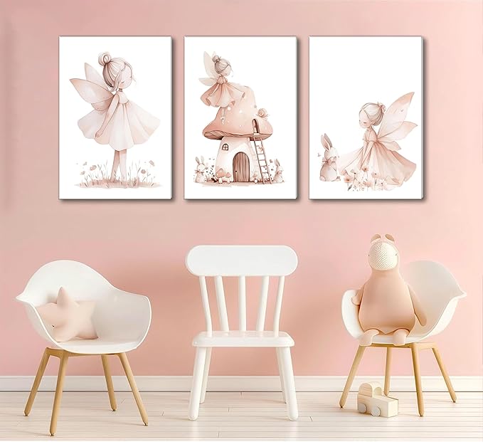 UNDDISINS 3 Pcs Pink Fairy Nursery Canvas Wall Art Girs Room Pink Nursery Painting Picture Wall Decor Cute Fairy Posters Art Fairies Paintings Artwork for Kids Room Toddler GirlRoom Home Decoration