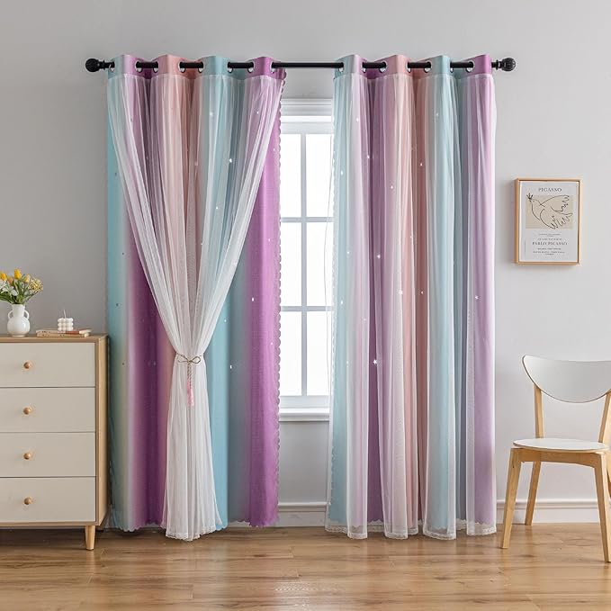 Star Girl and Kids Curtains for Bedroom Rainbow Ombre Double Layer Cute Shot Nursery Darkening Grommet Princess Room Décor 2 Panels Living Room Window Curtain (Pink Purple52W x 63L