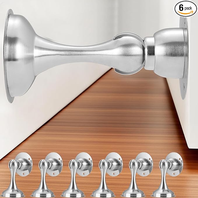 6 Pack Magnetic Door Stop No Drilling Door Stop with 3D Adhesive Tapes Keep Door Open Door Stainless Steel Screws for Stronger Mount (Silver)