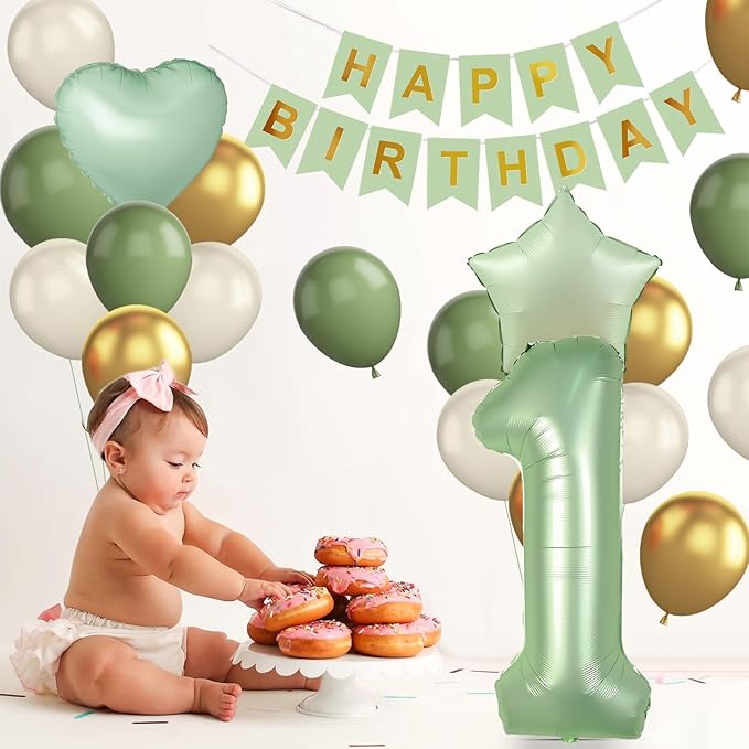 1st Birthday Decoration for Boys Girls, Sage Green White Gold 1st Birthday Balloon with 40 Inch Number 1 Balloon Star Heart Balloons and Happy Birthday Banner for Baby 1 Year Old Birthday Party Decor