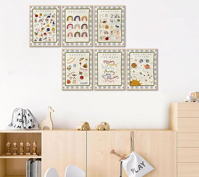 6Pcs Children Educational Numbers Canvas Wall art ABC Kids' Rooms Painting Pictures Wall Decor Toddler Rooms Learning Posters Print Artwork for Baby Room Nursery Home Decoration 12x16in Unframed