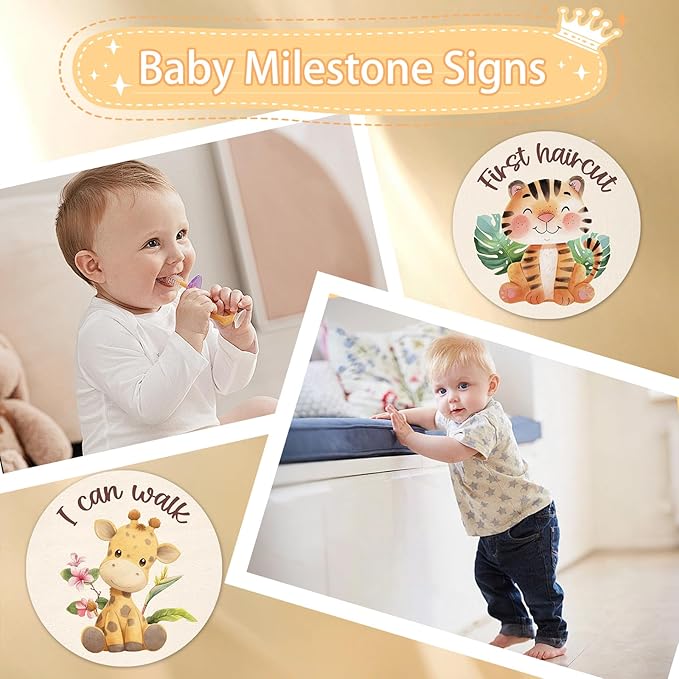Baby Monthly Milestone Cards Sign - 13 Double Sided Little Animals Milestone Cards, Fox Pattern Wooden Circles Discs for Photo Props Cat Newborn Announcement Marker, Baby Shower Newborn Sign Gift Set