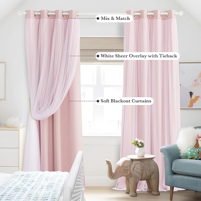 PONY DANCE Pink Blackout Curtains with White Sheer Overlay 72 Inches Length 2 Panels Set for Girls Bedroom, Double Layered Room Darkening Window Drapes for Nursery Living Room,52Wx72L