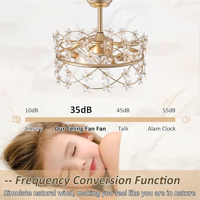 20 Inch Gold Caged Ceiling Fan with Light, Flower Chandelier Ceiling Fan with Lights Remote Control, Frower Crystal Fandelier 6 Speeds for Girl's Bedroom, Living Room