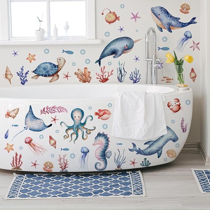 Ocean Sea Animals Wall Decal Stickers, Turtle, Whales, Octopus, Seahorse Under The Sea Peel and Stick Wall Decals for Nursery Kids