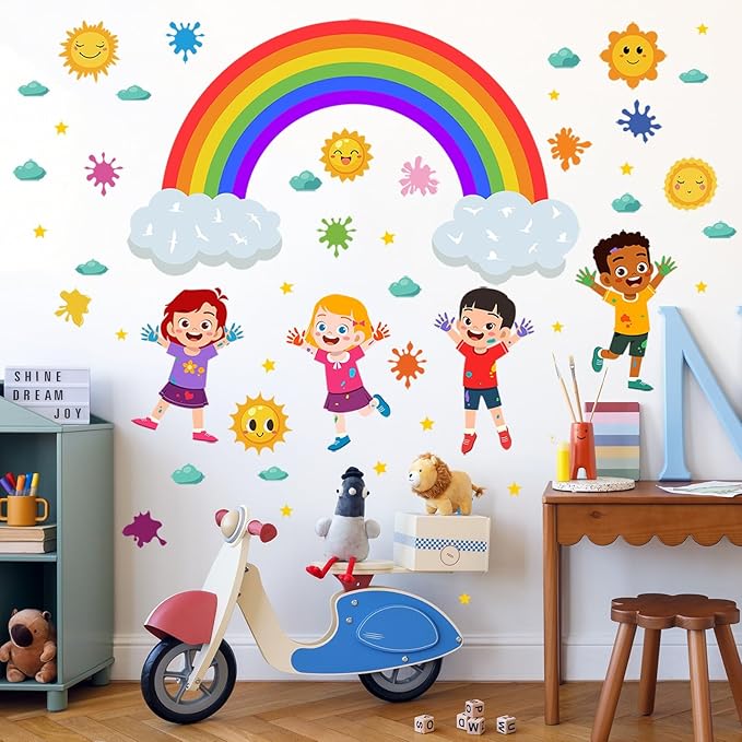 Rainbow Wall Decals Colorful Kids Wall Stickers for Classroom, Inspirational Sun Clouds Wall Decals Watercolor Splatter Sunny Art Murals for Girls Room Nursery Playroom Decorations