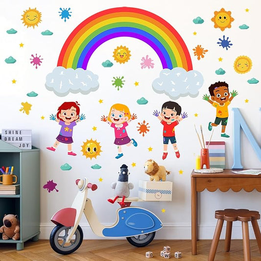 Rainbow Wall Decals Colorful Kids Wall Stickers for Classroom, Inspirational Sun Clouds Wall Decals Watercolor Splatter Sunny Art Murals for Girls Room Nursery Playroom Decorations