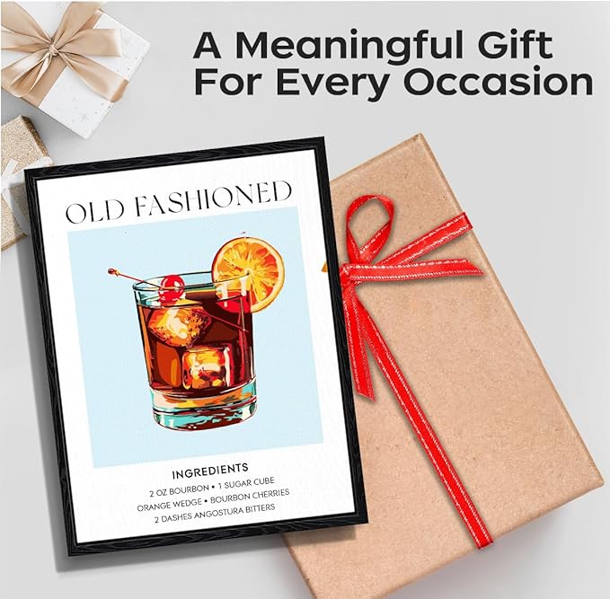 Old Fashioned Cocktail Wall Art, classic bourbon recipe list, kitchen bar wall decor, matte finish framed canvas print, cocktail bar poster, for kitchen home bar housewarming gift, 12x15 inch
