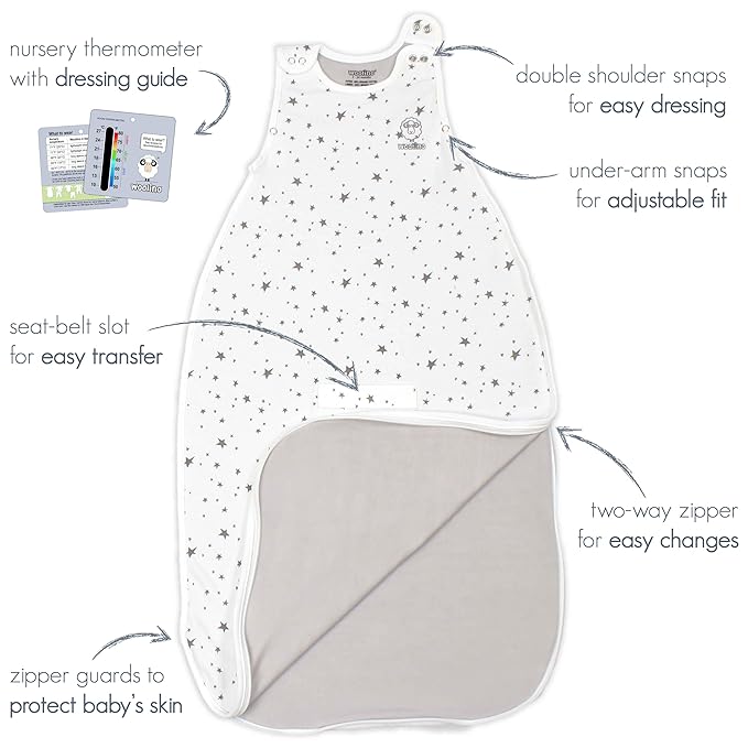 Woolino Merino Wool & Organic Cotton Baby Sleep Sack 2-24 Months – Ultimate 4-Season Baby Sleeping Bag, Universal Size Wearable Blanket, 2-Way Zipper & Adjustable Fit, Year-Round Use - Hot Air Balloon