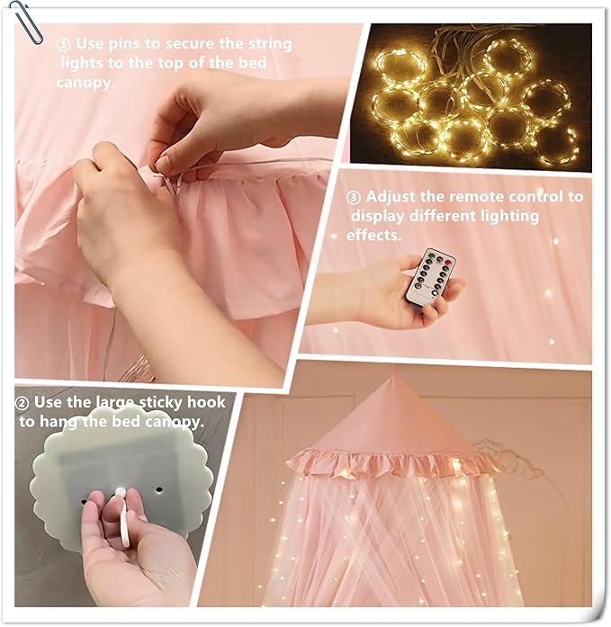 Eimilaly Princess Bed Canopy for Girls, Double Layer Canopy with 250pcs Warm White Curtain Lights, Fits Twin/Full Bed - Fairy Bed Tent for Kids Room Decor,Pink