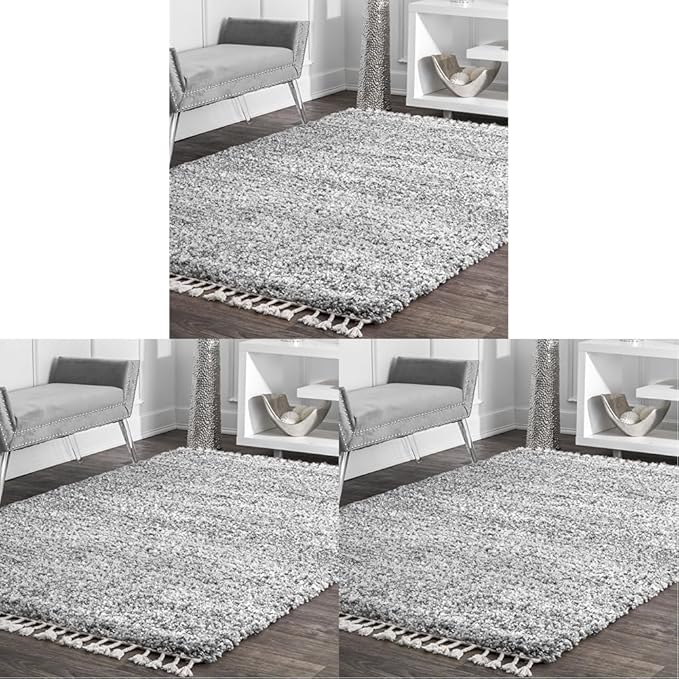 nuLOOM Brooke Shag Tasseled Area Rug - 2x3 Accent Shag Rug Casual Grey/Ivory Rugs for Living Room Bedroom Dining Room Nursery Entryway (Pack of 3)