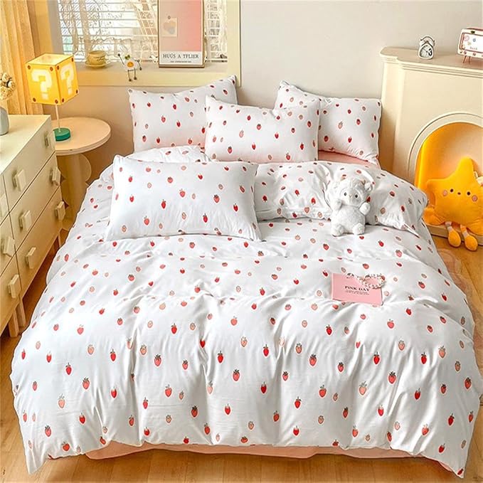 Strawberry Duvet Cover Queen Size Cute Pink Strawberry Bedding Set 3 Pcs Kids Boys Girls Kawaii Cream White Strawberries Soft Breathable Microfiber Comforter Cover with Zipper Closure