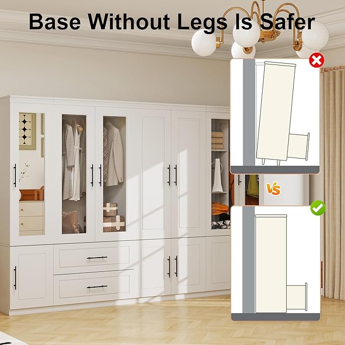 White Armoire Wardrobe Closet with 7 Door: Wood Wardrobe Closet Cabinet with Mirror Combination Corner Cabinet Wooden Bedroom Armoire with Hanging Rods for Home/Bedroom/Office