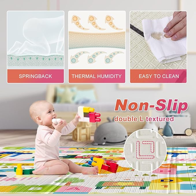 Mergren Extra Large Portable Baby Play Mat (79"×71" x0.6" Thickened Version), Foam Foldable Floor Crawling Mat with Reversible Double-Sided Patterns, Waterproof Anti-Slip, Indoor, Outdoor