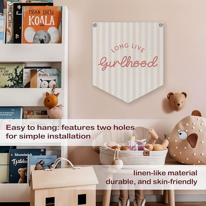 Lacama Girl Room Decor, Long Live Girlhood Linen Banner Hanging Flag Retro Pink Banner for Nursery Playroom Wall Decor for Kids Bedroom Dorm Toddler Decorations Trendy Room Decor 12.4x14 in