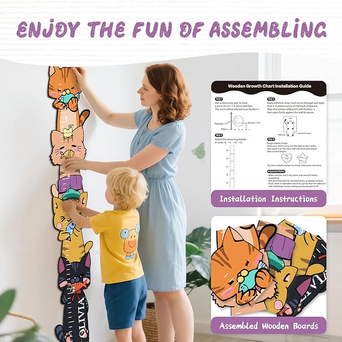 Personalized Name Growth Chart for Kids, Kitten Eating Fish Wooden Height Chart for Wall, Height Measurement for Wall Kids Height Wall Chart Kids Room Nursery Wall Decor