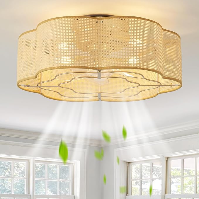 Caged Ceiling Fan with Lights, Flush Mount 20" Boho Ceiling Fans with Lights Remote Control, Low Profile Rattan Bladeless with 6 Speeds for Bedroom, Nursery, Kitchen