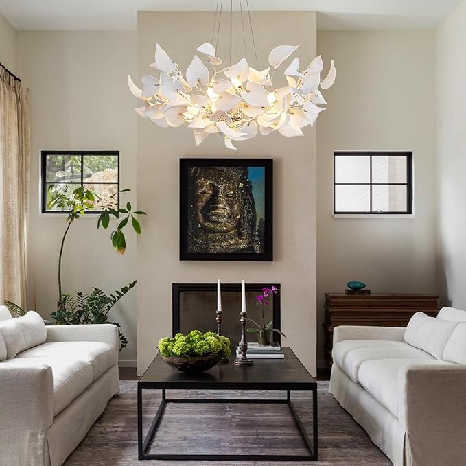 YUYI 39.4" Silver Tree Branches Chandelier, Ceramic Ginkgo Leaf Chandelier, Modern Round Chandeliers for Dining Room, Living Room Over Table, Kitchen, Foyer, Bedroom, Elegant Art Deco