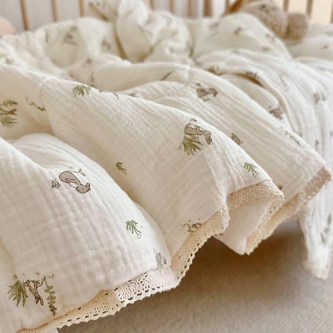 BuLuTu Cartoon Bunny Gauze Toddler Quilt Kids Blankets for Girls Boys, Soft Breathable Cotton Muslin Kids Comforter Quilted Blanket with Cute Rabbit Pattern, 47"x59", No Pillow