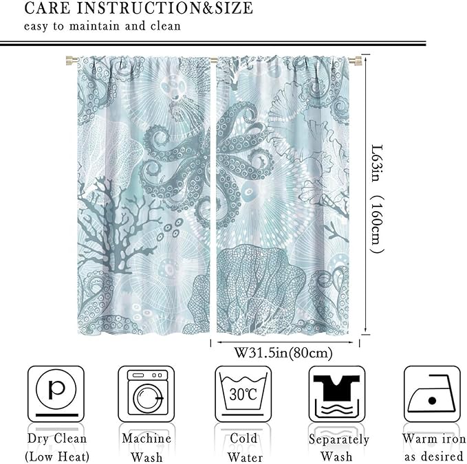 Coastal Window Curtains,Nautical Beach Themed Thermal Insulating Blackout Curtain for Living Room, Bedroom Set 2 Panels,63x63 Inches