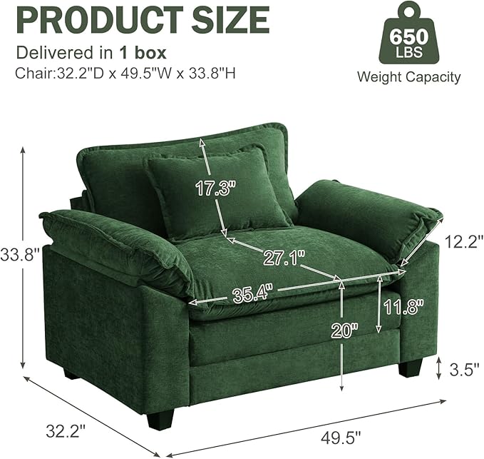 CDCASA Oversized Accent Chair, Chenille Comfy Cloud Sofa Chair with Large Seat and Upholstered Armrests, Modern Extra Wide Armchair Reading Chairs for Bedroom, Living Room,Set of 2,Green