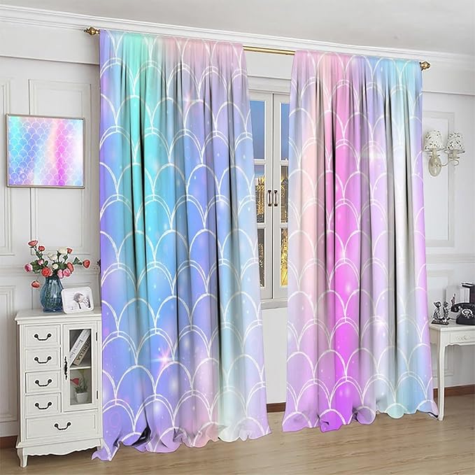 Mermaid Blackout Curtains, Kids Cartoon Blue and Pink Ocean Mermaid Scale Pattern Decoration for Girls Bedroom Nursery Curtains 55x63 Inch