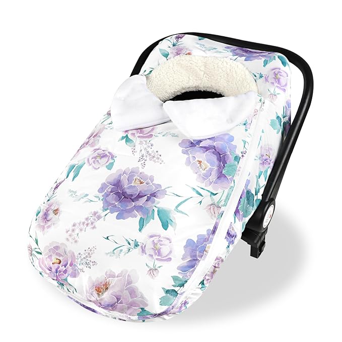 Winter Car Seat Cover for Babies Girl Boy, Super Warm Plush Fleece Infant Carseat Cover for Stroller Car Seat, Double Sides Zipper Winter Car Seat Canopy for Newborn, Purple Floral