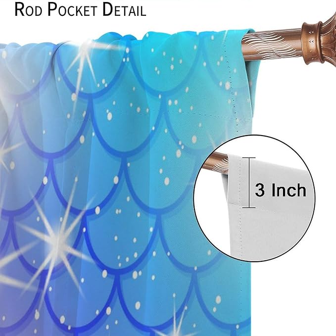 Mermaid Blackout Curtains, Kids Cartoon Blue and Pink Ocean Mermaid Scale Pattern Decoration for Girls Bedroom Nursery Curtains 63x63 Inch