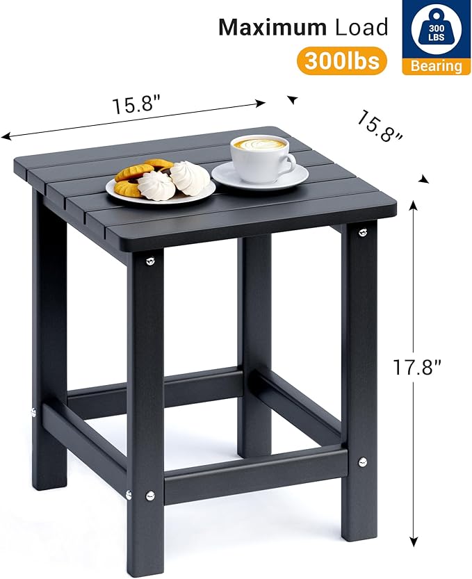 UDPATIO Small Side Table, 16x16x17.8 in, Black, Adirondack Table, Indoor & Outdoor Use