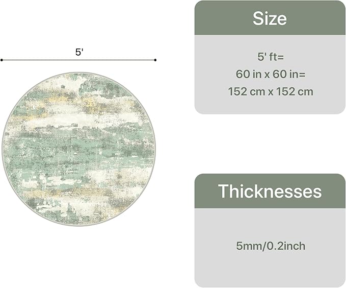 GENIMO Round Area Rugs 5FT for Living Room, Washable Circle Rug Low Pile, Non Slip Abstract Carpet for Bedroom, Enytryway, Kitchen, Light Green