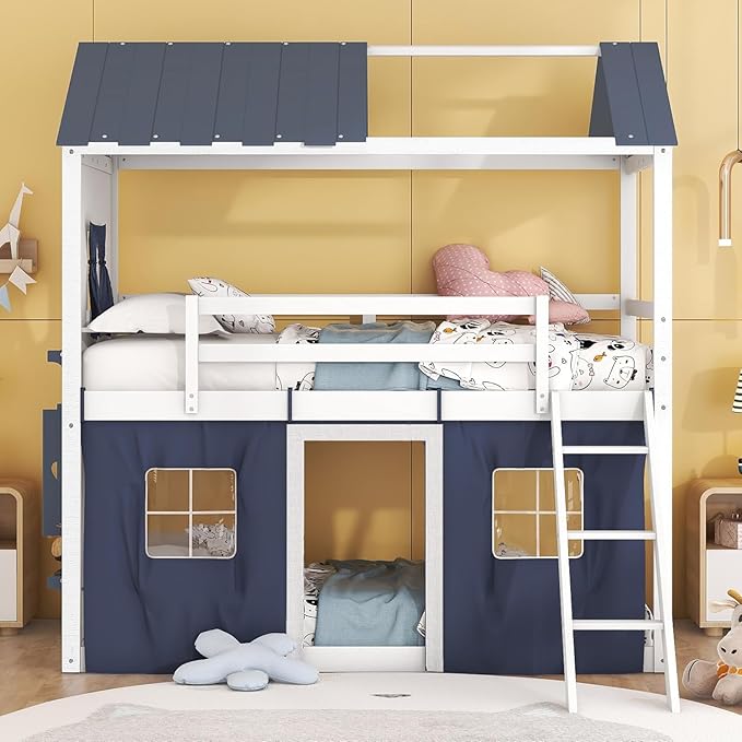 MERITLINE Twin Over Twin Princess Castle Bunk Bed with Tent,Ladders and Guardrail, Solid Wood Playhouse House Floor Bunk Bed with Windows and Roof (Blue & White)