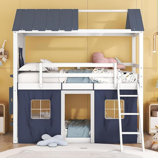 MERITLINE Twin Over Twin Princess Castle Bunk Bed with Tent,Ladders and Guardrail, Solid Wood Playhouse House Floor Bunk Bed with Windows and Roof (Blue & White)