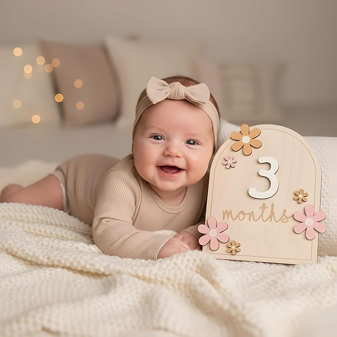 Baby Monthly Milestone Sign,1-12 Monthly Milestone Signs, Baby Girl Nursery Decoration, Newborn Photography Props Double-Sided (M01)