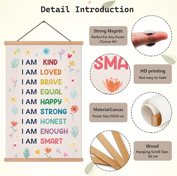 KAIRNE Positive Affirmations Wall Decor For Kids,I am Kind Smart Poster Hanger Frame, Boho Flowers Girly Poster,Rainbow Wall Art Hanging Inspirational Banner Decor for Classroom Nursery Playroom