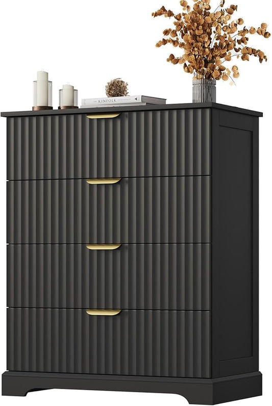 Fluted Dresser with 4 Drawers for Bedroom, 36.6" Tall Dresser with Metal Handle, Wooden Chest of Drawers for Bedroom, Living Room, Entryway, Black