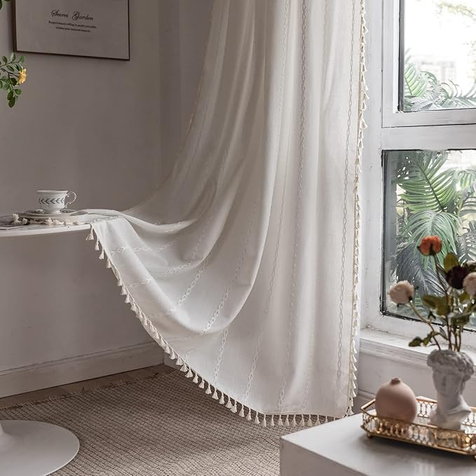 Deeprove White Boho Curtains 96 Inches Long for Nursery Bedroom Christmas Decor, Bohemian Embroidery Cream Weighted Cotton Linen French Country Window Treatments with Tassel, W52 x L96, 1 Panel