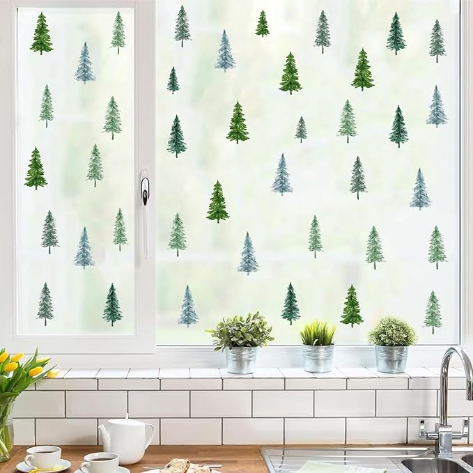 Small Pine Tree Wall Sticker Watercolor Green Tree Window Decals Forest Pine Window Stickers Green Trees Wall Decals Peel and Stick Small Pines Wall Stickers for Nursery Bedroom Kids Room Decor