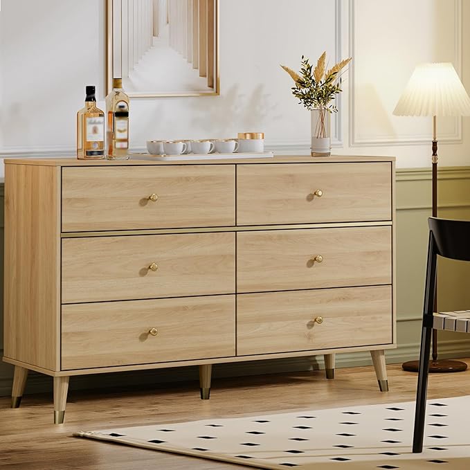 6 Drawer Dresser,47" Wide Mid Century Chest of Drawers,Wooden Bedroom Drawer Dresser with 6 Storage Drawers for Bedroom,Living Room,with Anti-Tipping Device,Wood