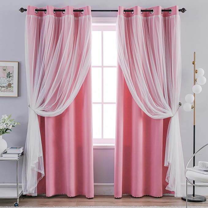 Anytime Home Curtains Blackout and Sheer Layered Solid Window Curtain Panel Pair with Grommet Top, 52Wx84L,Pink