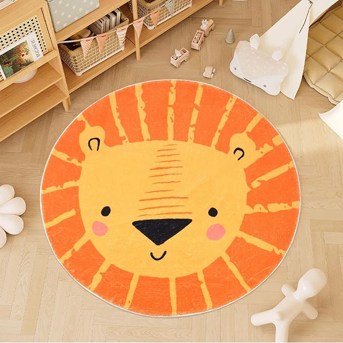 ABREEZE Kids Play Rug 4ft, Lion Round Area Rug Kids Nursery Door Mat Soft Plush Non-Slip Childrens Carpet for Bedroom Living Room Playroom,Orange