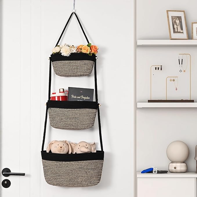Hanging Storage Baskets, 3-Tier Over the Door Basket, Cotton Wall Baskets Storage, Detachable Hanging Door Basket with 4 Hooks, Over the Door Organizer Nursery for Bedroom, Living Room, Bathroom Wall